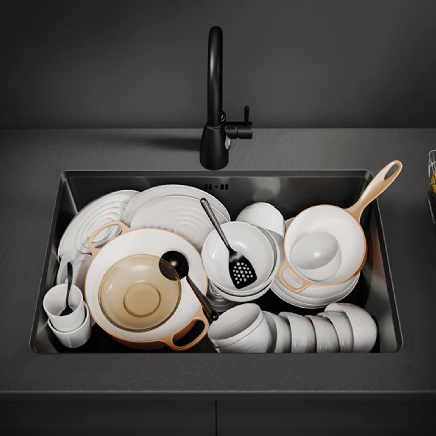 Lavello da cucina, in acciaio inox nero, realizzato a mano, rettangolare, sotto-piano per lavastoviglie (nero, 55 x 45 x 21 cm)