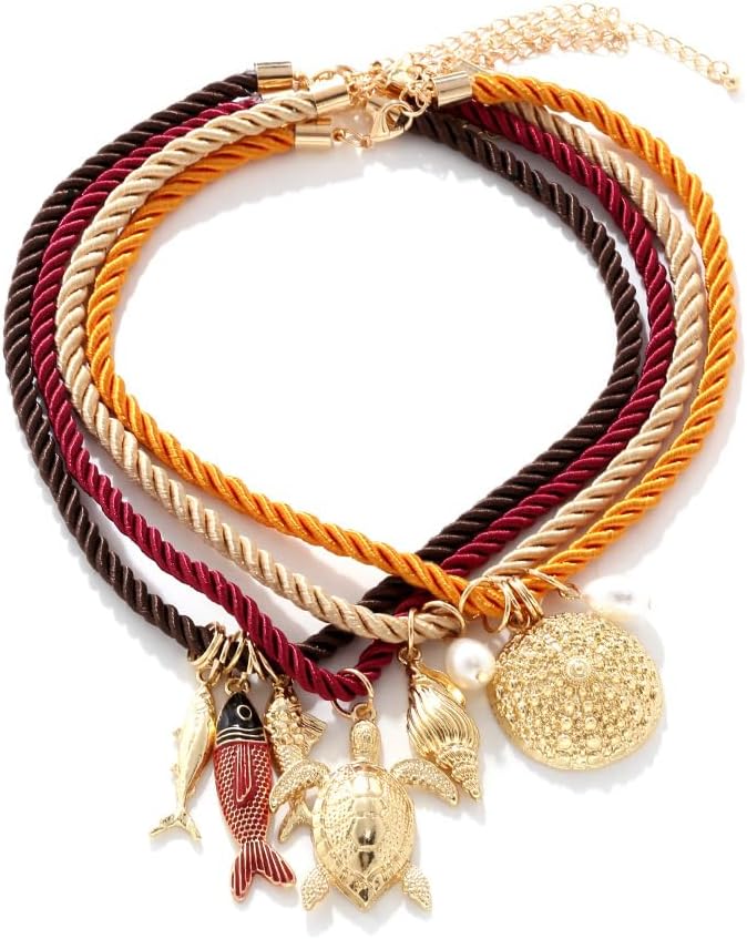 LUREME Ocean Boho Necklace - 4-Layer Statement Necklace with Fish, Turtle & Conch Pendants for Women (nl006373)