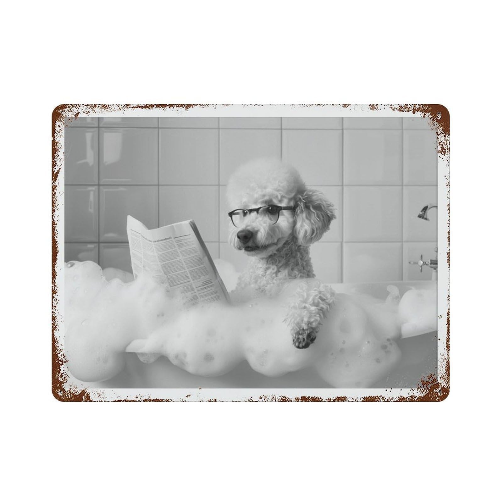 xiaoxiaoshen Poodle in Bathtub Dog Reading Newspaper, Funny Bathroom Decor Wall Decor Art Metal Tin Poster Modern Home Decor Art Home Bar Shop Decorations Vintage Sign 30x40cm
