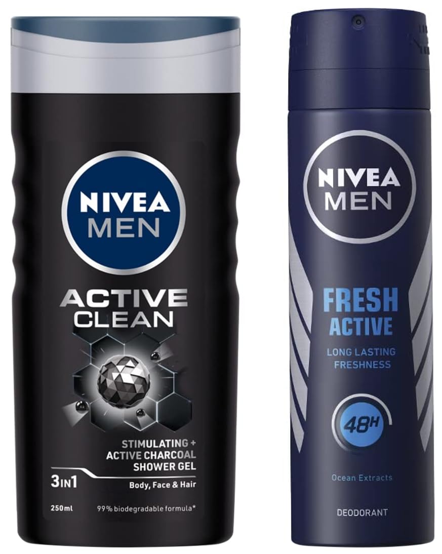 Nivea Men Shower Gel, Active Clean Body Wash, Men, 250ml & Men Deodorant, Fresh Active Original, 150ml
