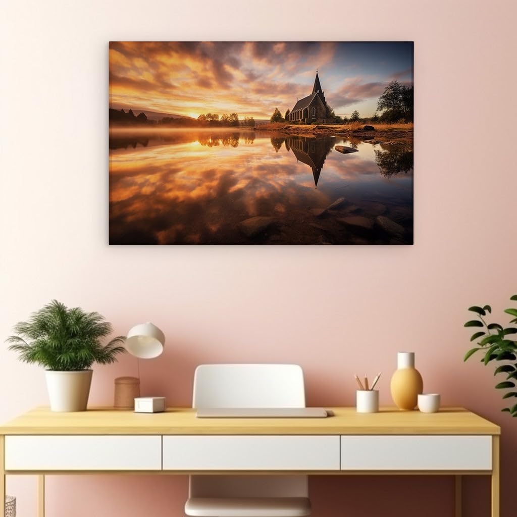 Canvas for Living room. Reflective Serenity: Sunrise Over a Lakeside Sanctuary, 27 x 18 inch Canvas Wall Art - Contemporary Masterpieces - Modern Home Decor