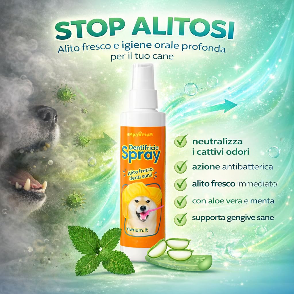 Dentifricio per Cani Spray 150 ml Made in Italy - STOP ALITOSI, Igiene Orale Profonda con Aloe Vera e Menta