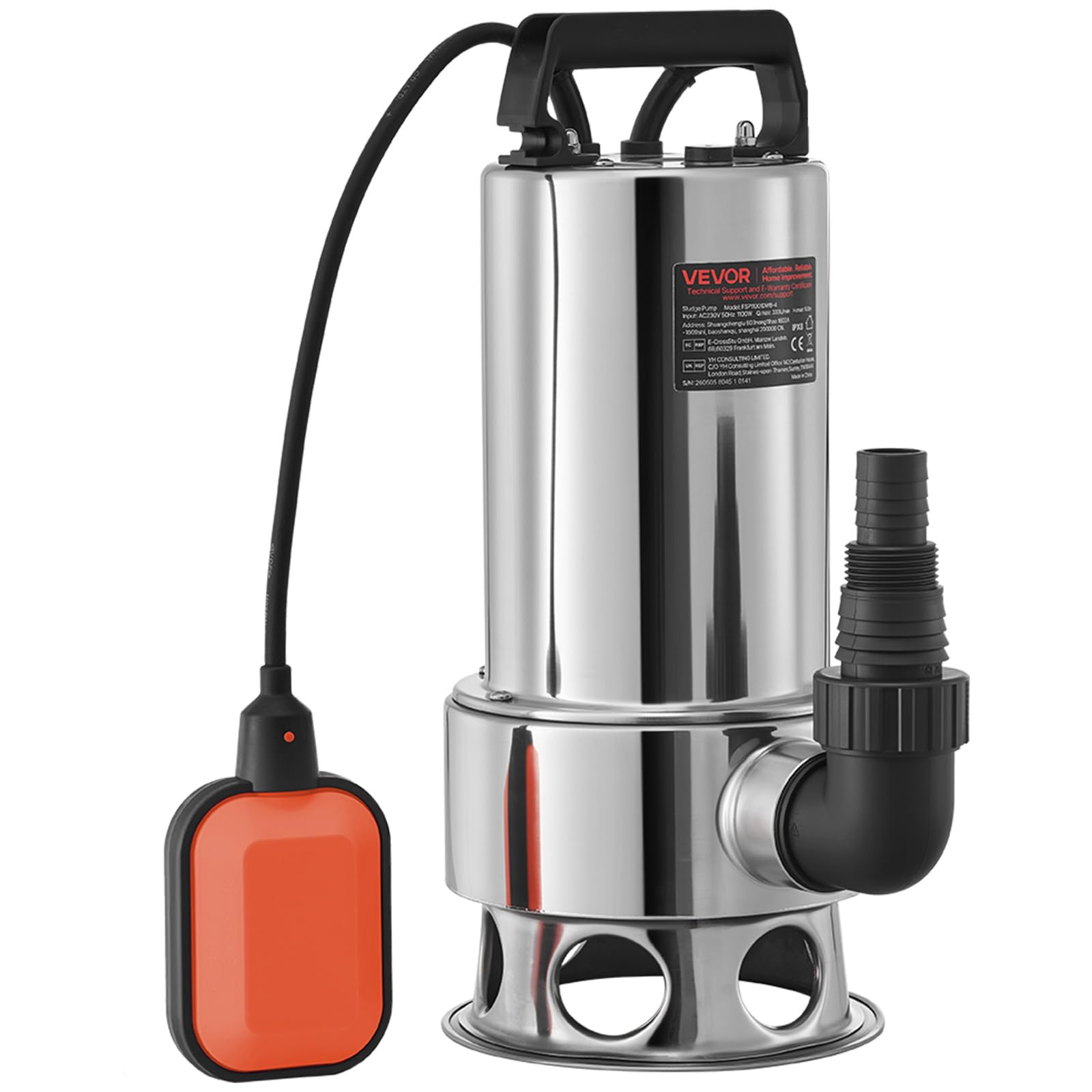 VEVOR Pompa Sommersa Elettrica da Drenaggio per Acque Sporche 1300W da Giardino Laghi Pozzo, Elettropompa a Immersione per Drenaggio di Acque Sporche Nere Scure 10A 1300W per Piscina Giardino Pozzetto