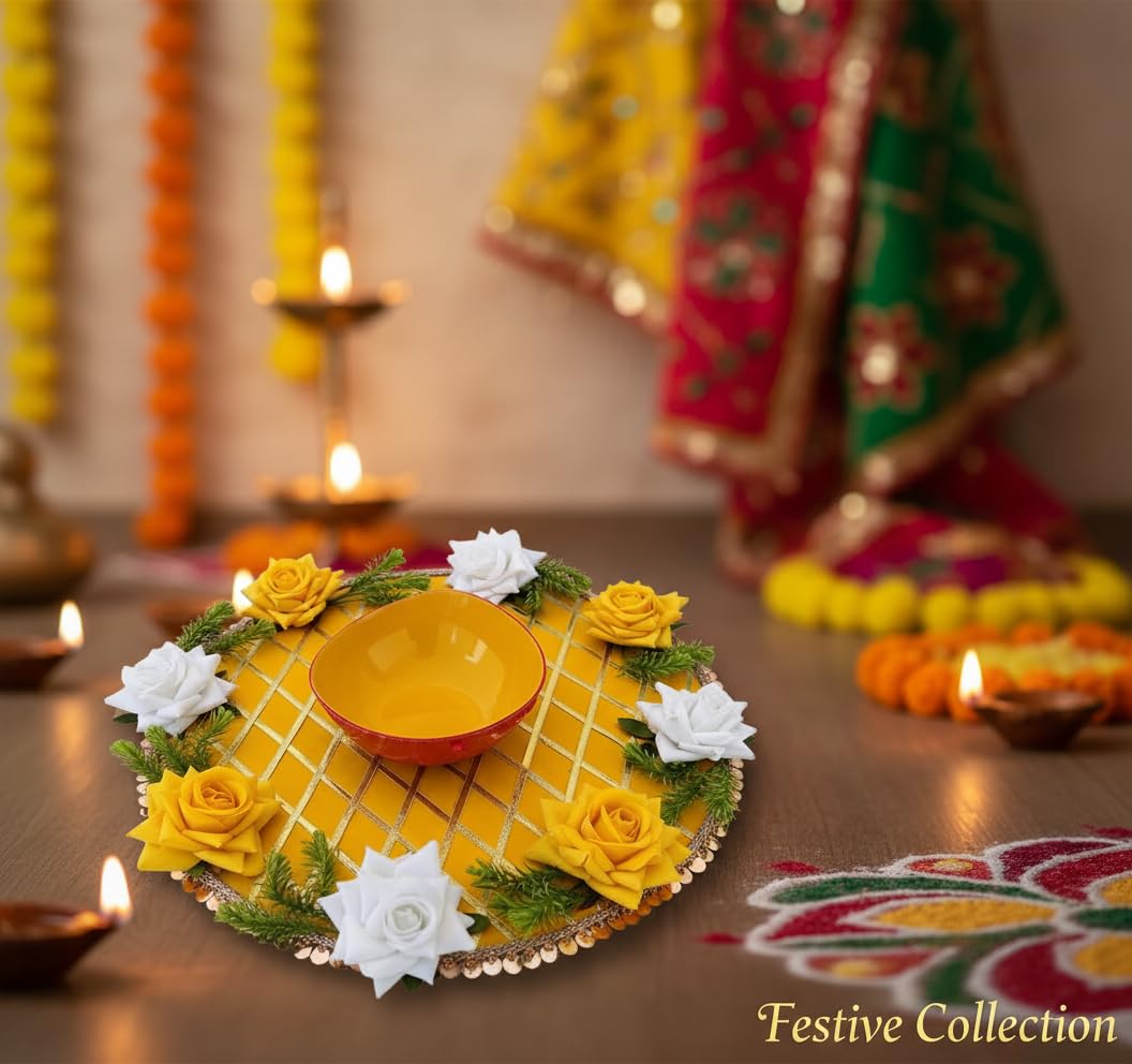 Sanvatsar Home Handmade Haldi Thali with Floral Design for Haldi Ceremony & Haldi Rasam | haldi Decoration Items for Marriage - Image 2 thumbnail