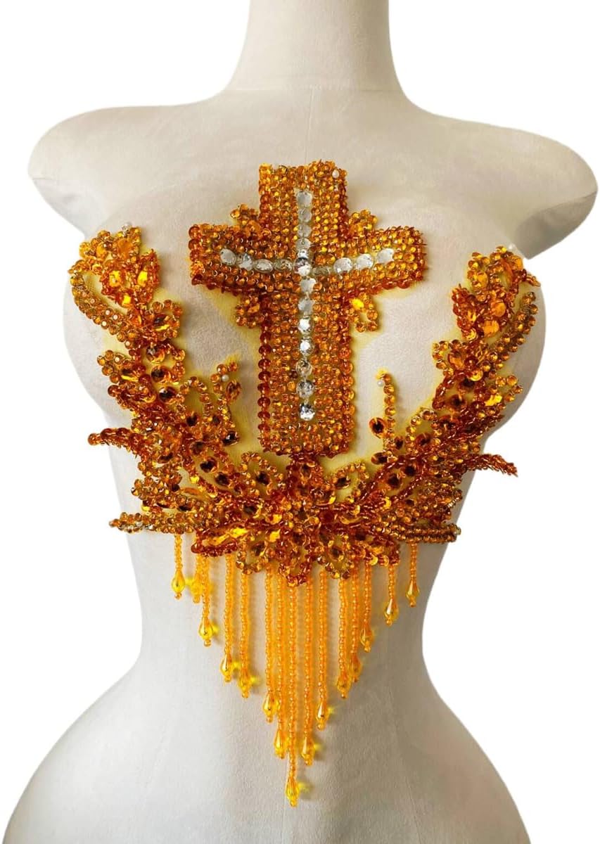 Cross Bead Embroidery Patch Pure Hand-Stitched Rhinestones Tassel Applique Decorative Clothing Accessories (Black)