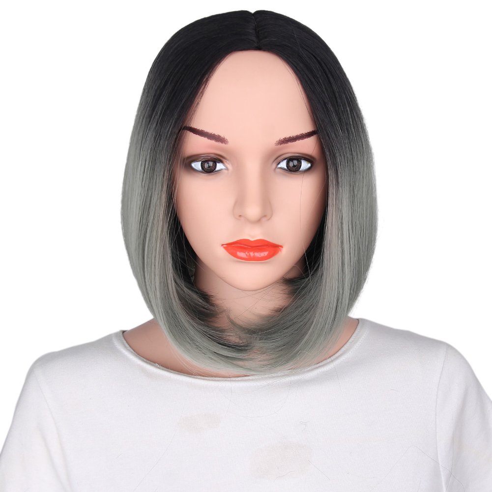#1B&Charcoal Grey: Ahairbeauty Ombre Color Short Bob Straight Synthetic None Lace Hair Wigs Dark Roots For Women (#1B&Charcoal Grey)