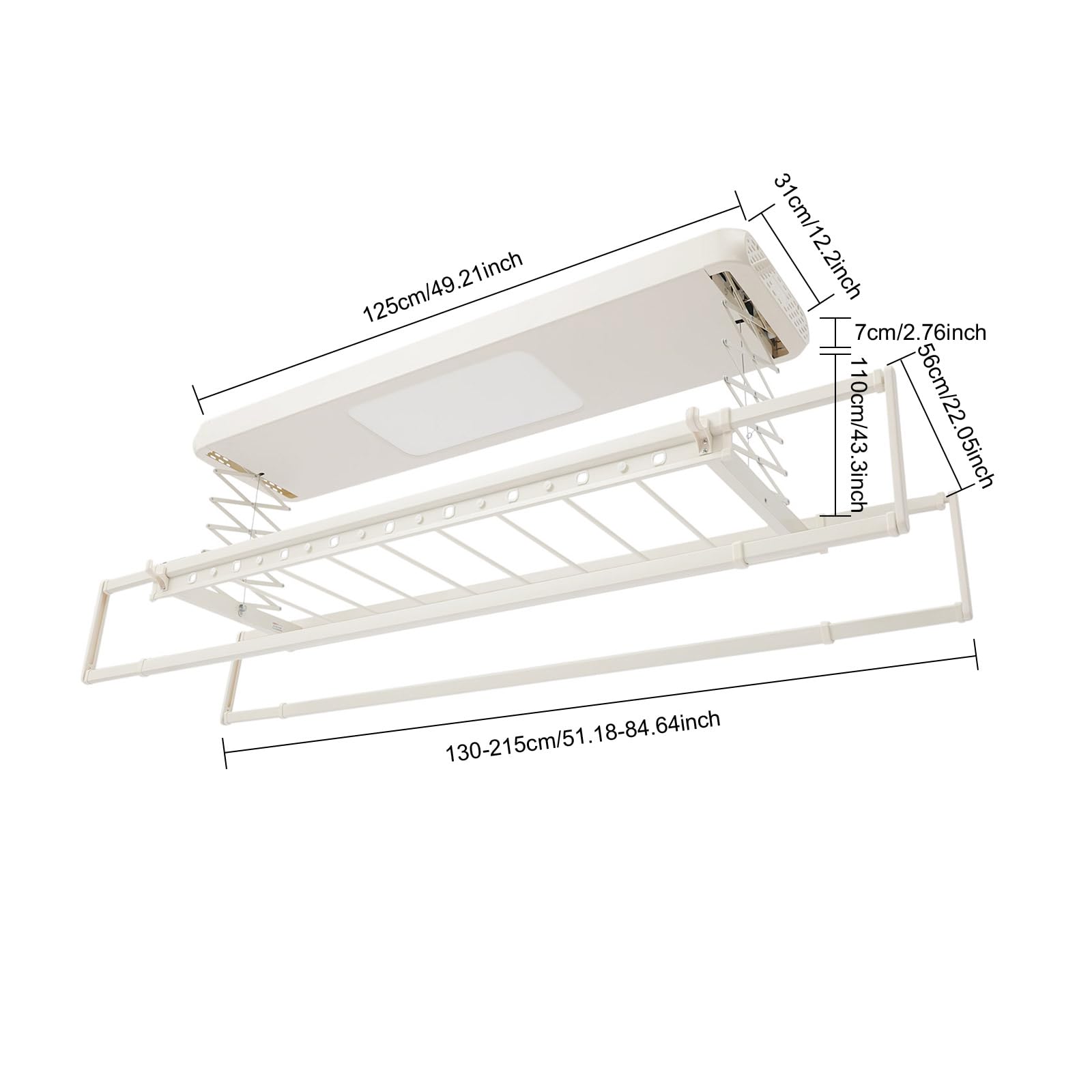 Stendibiancheria da soffitto allungabile con telecomando, asta appendiabiti regolabile 130-215 cm, illuminazione a LED, salvaspazio, per bagni, balconi, interni ed esterni