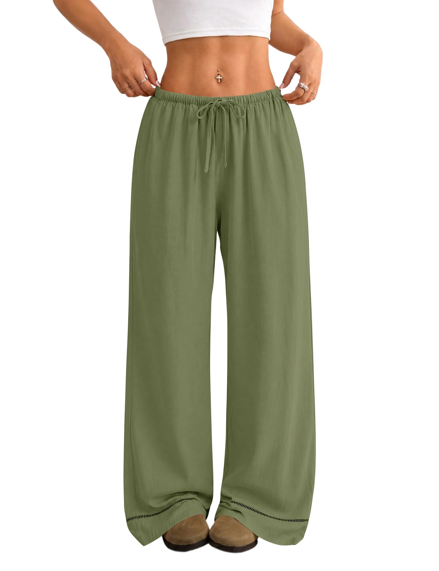 Rapbin Leinenhose Damen Weite Leg Palazzo Hose Sommer Sommerhose | Sommer Sommerhose Damen Elegant Freizeithose Lang Lockere Stoffhose mit Tunnelzug und Taschen