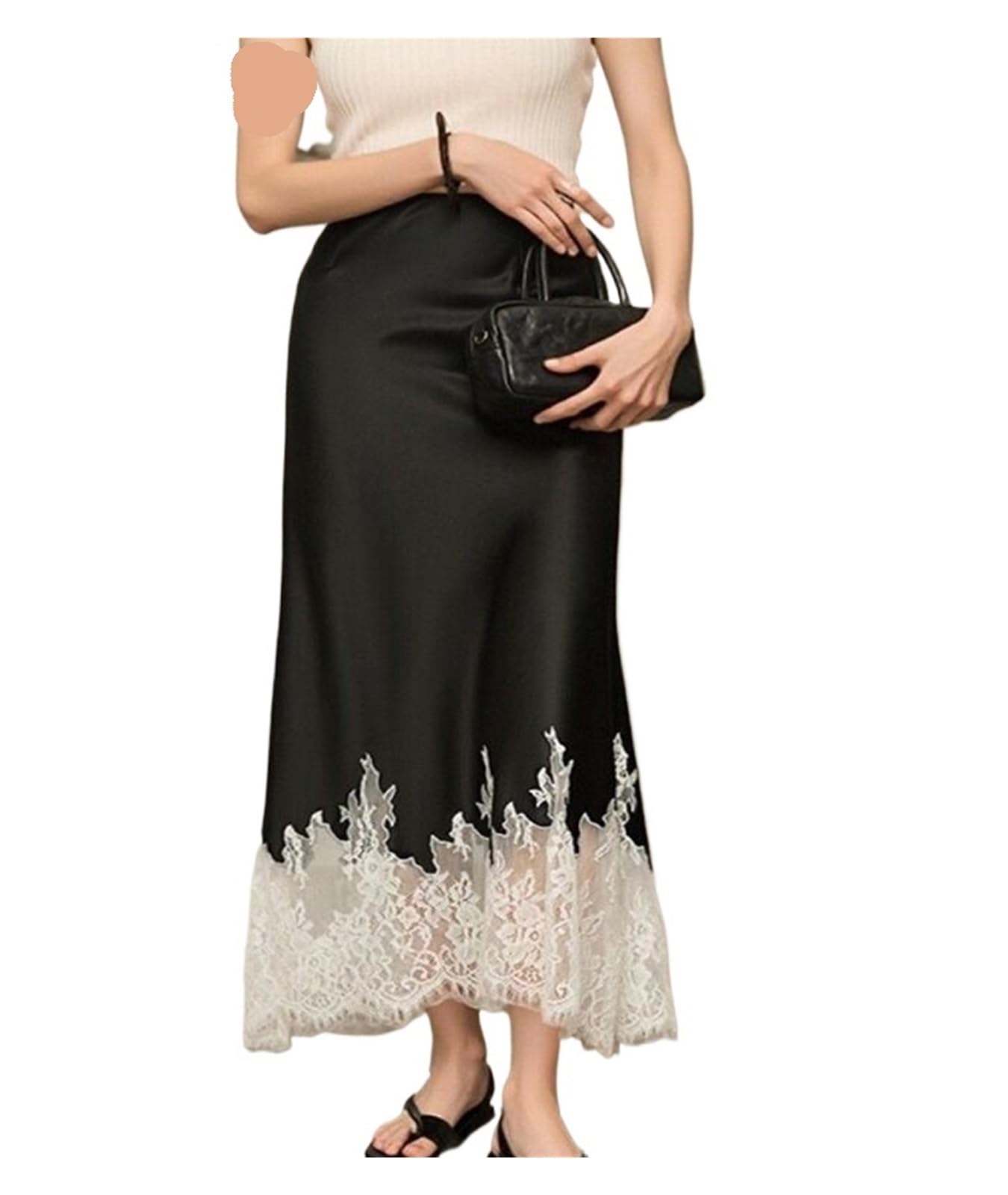 Gonna Satin Gonna Lunga Elegante in Raso for Donna, Gonna Lunga con Orlo in Pizzo Patchwork, Gonna da Donna di Temperamento