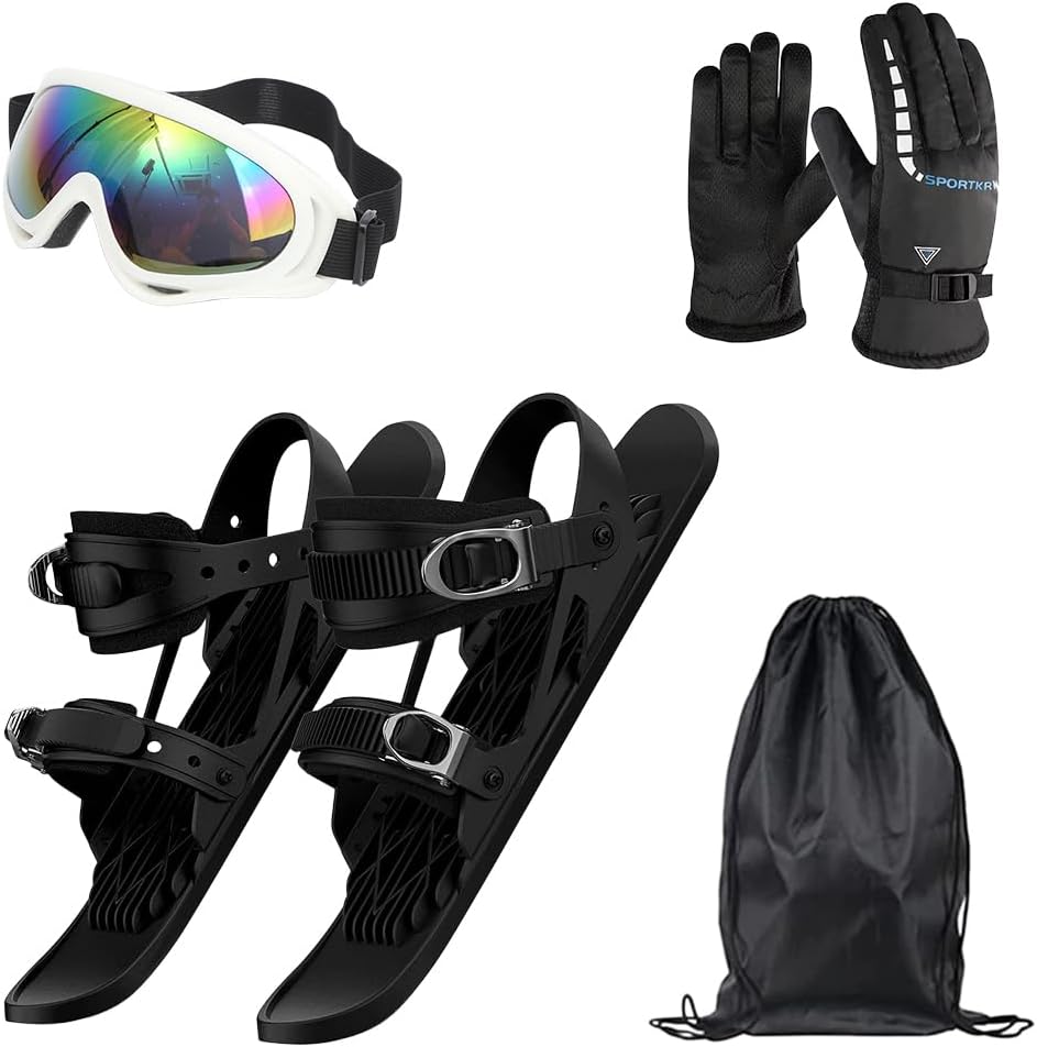 Mini Short Ski Skates Set for Snow with Gloves & Goggles Short Mini Skating Ski Shoes Portable Snowblades Skis Shoes for Outdoor Winter Snow Sports
