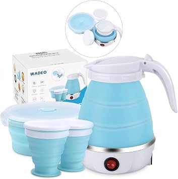 Portable Electric Kettle Travel Size, 600ML Small Foldable Tea Coffee Kettle with Collapsible Bowl and Cups, 5 Min Fast Water Boiling, BPA Free Food Grade Silicone, 110V 400W