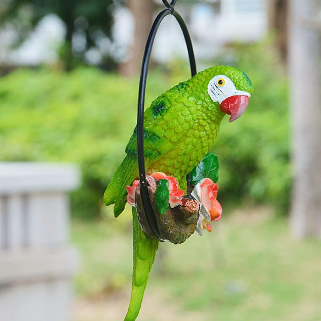 Garden Ornaments, Hanging Parrot Garden Decor Resin Parrot Outdoor Decor Parrot on Perch Garden Sculpture Parrot Statue for Outdoor Garden Decorations Green