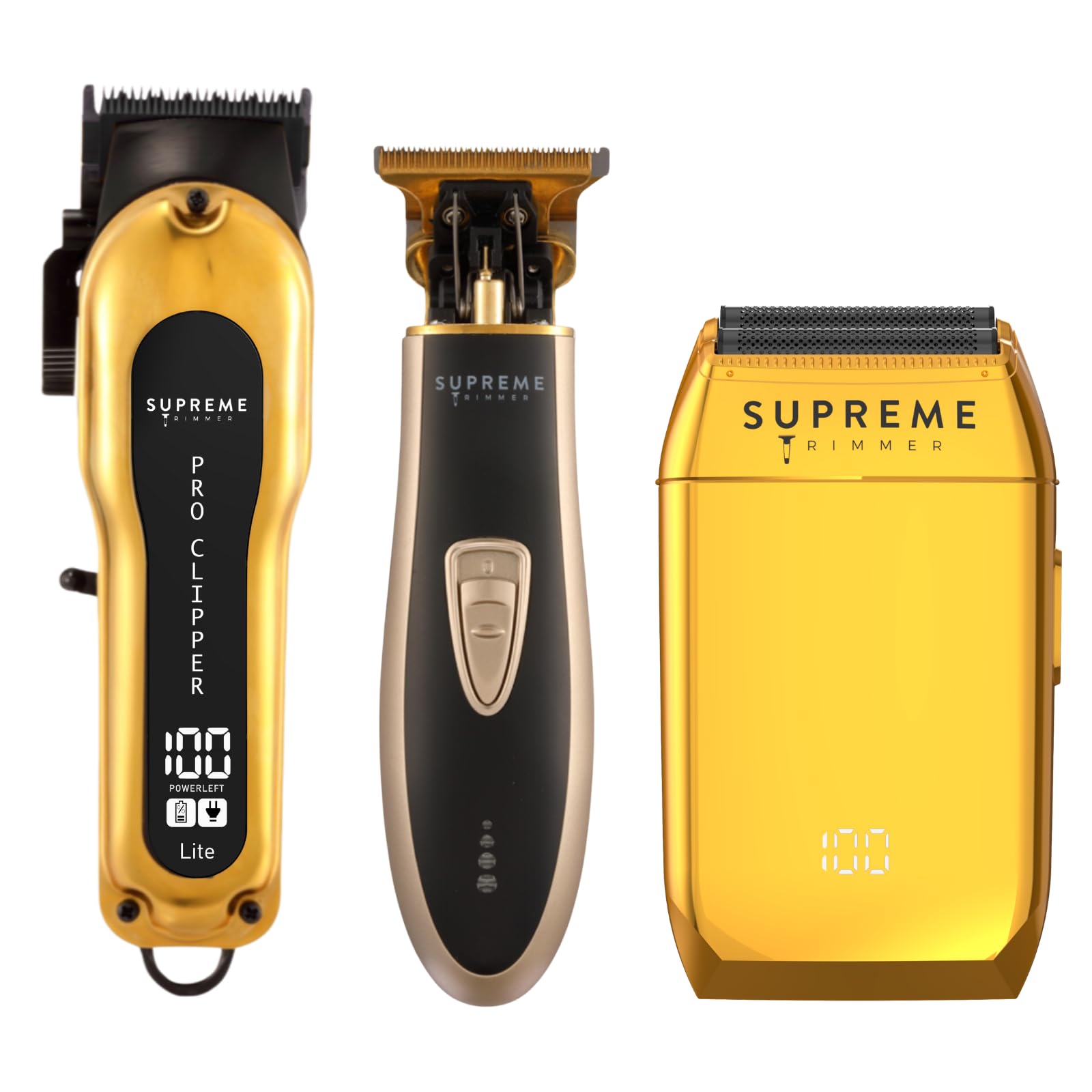 Supreme Trimmer 3-in-1 Barber Bundle | Pro Clipper, T-Shaper Trimmer & Crunch Foil Shaver | Professional Beard Trimmer Men’s Hair Clipper Kit | Gold