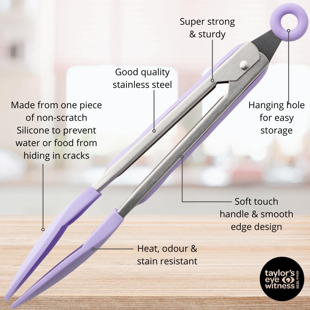 Taylors Eye Witness Large Steel Lavender Silicone Tongs, Dishwasher Safe, Sturdy Build, Non-Scratch Heads - Image 4