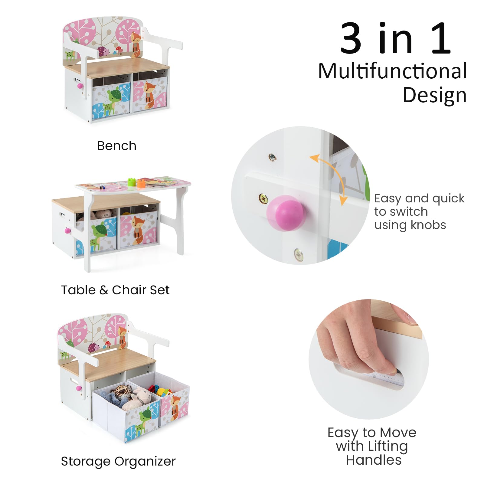 LIFEZEAL Panca portaoggetti 3 in 1 con 2 cassetti, cassapanca in legno, set tavolo con sgabello per bambini 3-7 anni, sedile con carico 60 kg, vassoio con carico 10 kg (bianco)