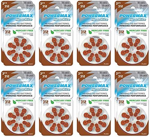 Powermax USA Size 312 Hearing Aid Batteries, Brown Tab, 128 Count
