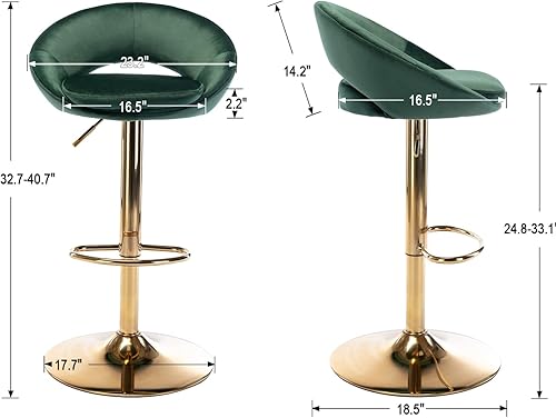 Miniatura 20 de Juego de 2 taburetes de bar giratorios de terciopelo con respaldo abierto, altura de barra ajustable tapizada, taburetes de bar modernos de altura