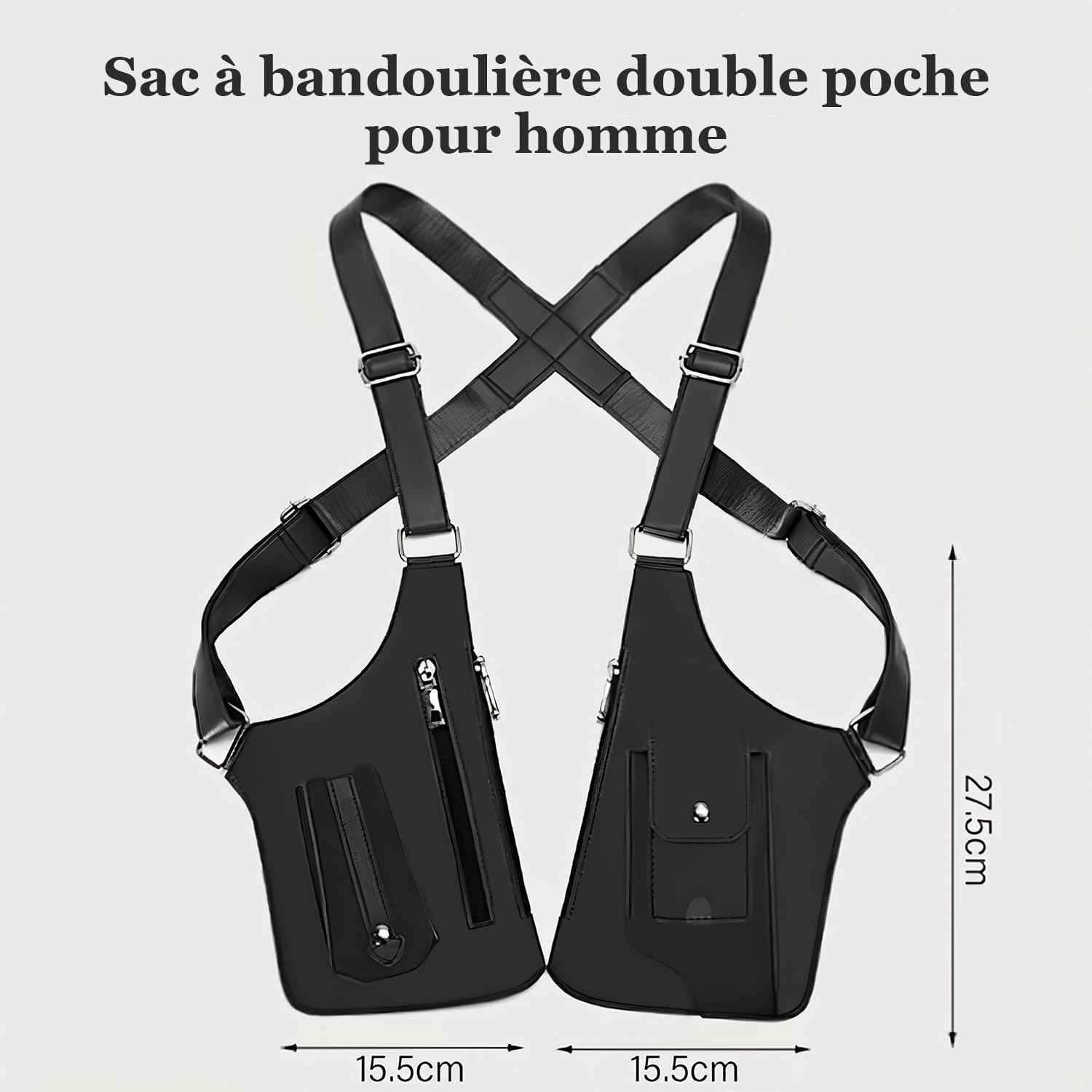 gresonic Sac Bandoulière Double Homme en Cuir Unisexe pour sous Les aisselles, Sac à bandoulière réglable avec Attraction magnétique Faible et Design Anti-vol Discret
