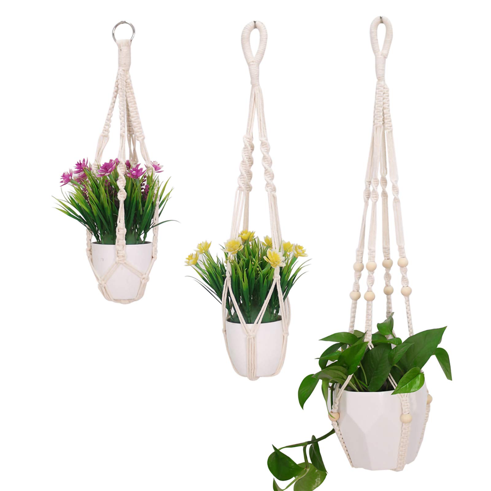 POLARHAWK Macrame Plant Hangers 3Pcs Hanging Planters Basket Flower Pots Holder Stand Handmade Cotton Rope with Beads No Tassels for Indoor Outdoor Boho Home Decor( 4 Legs, 3 Size)