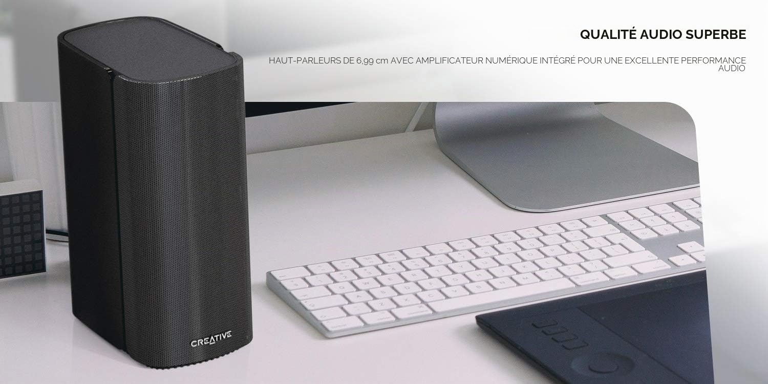 Creative T100 Enceintes de bureau Hi-Fi 2.0 compactes pour ordinateurs portables et de bureau avec Bluetooth 5.0, AUX-in 3,5 mm, entrée optique, USB FLAC, 40 W RMS, puissance de crête 80W - Noir