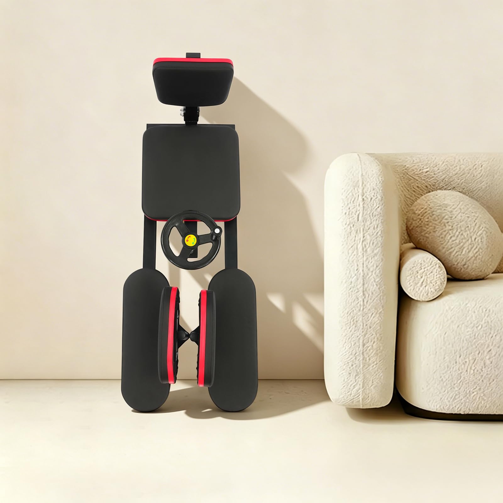 Macchina grande divario, divaricatori per gambe a 180°, carico 120 kg, con schienale e cuscino in PU,design delle ruote girevoli, per danza yoga ginnastica fitness casa, nero e rosso