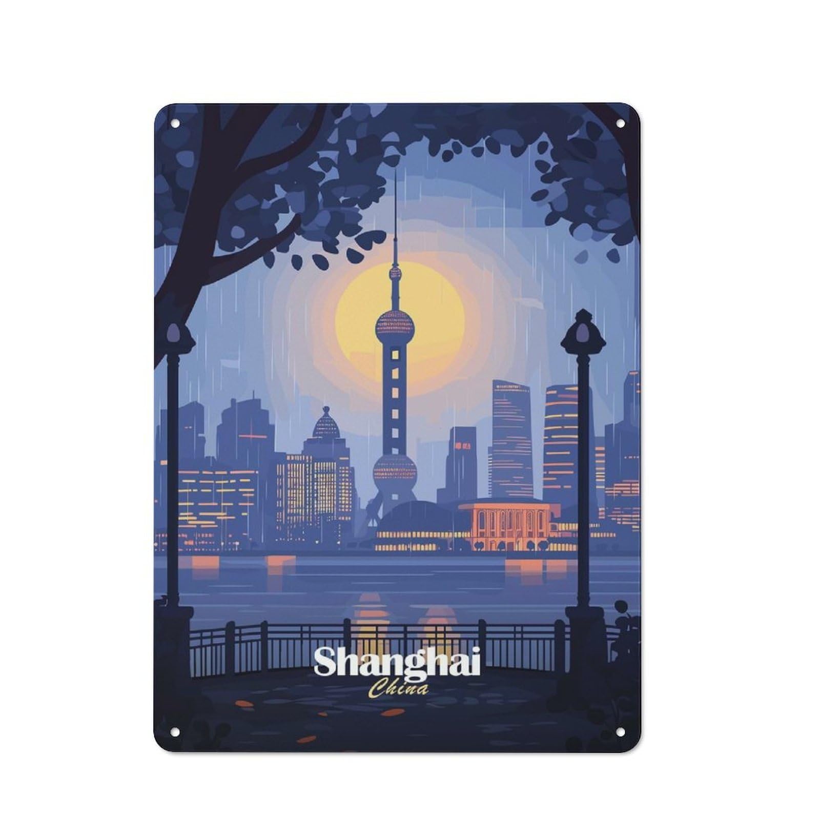 Junmoney Style-7 Shanghai Skyline(2) Tin Sign 40X30cm, Creative Studio Wall Plaque For Hobby Room, Office, Lounge Or Living Room
