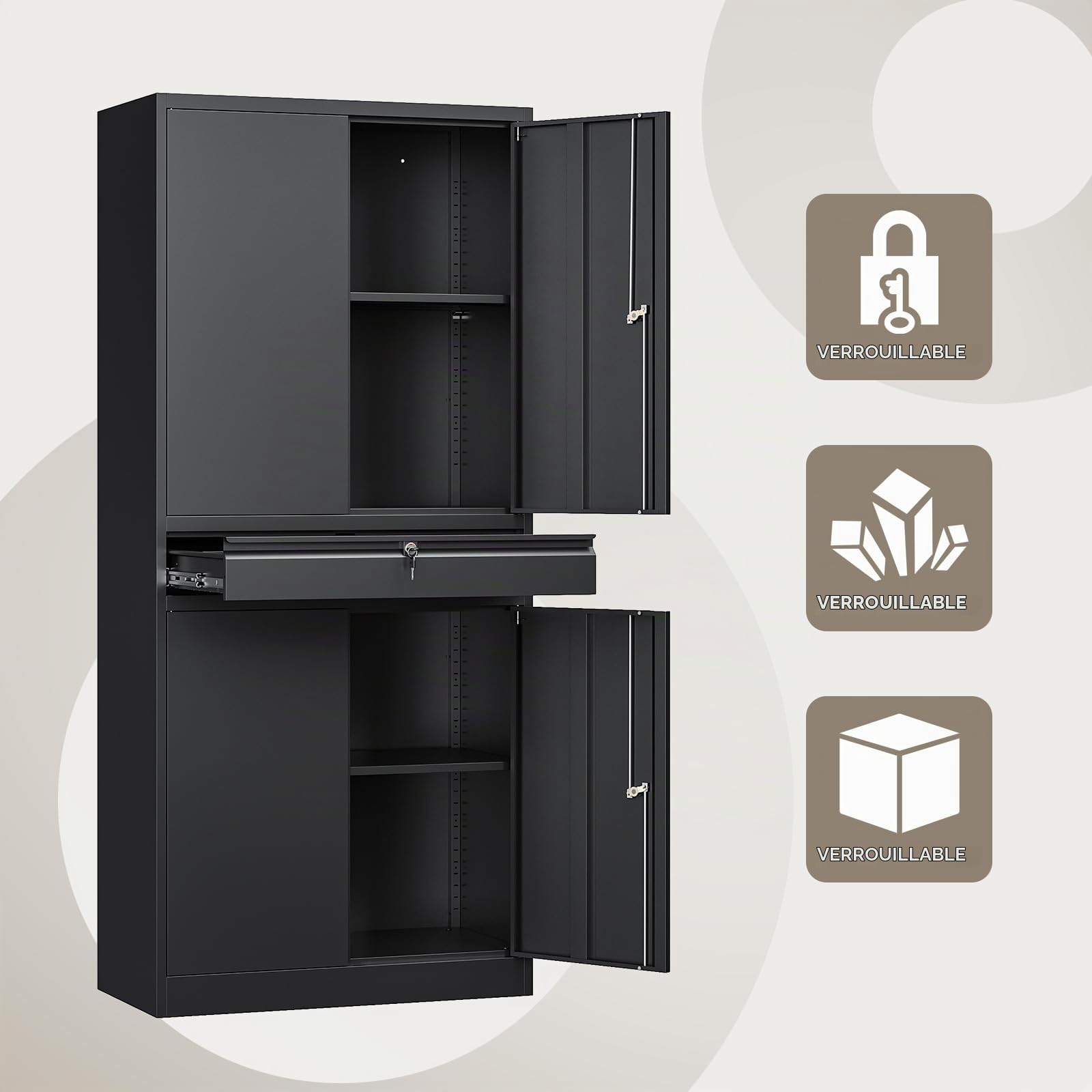 Sightlife Armoire à Outils en métal Armoire Multifonction en Acier avec cloisons réglables verrouillable, revêtement par Poudre 180 x 40 x 80 cm Noir (sans Roues)