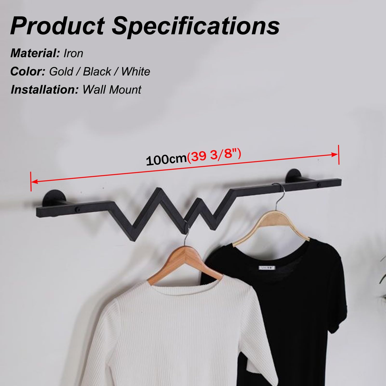 Barra Appendiabiti Appendiabiti da Parete a Forma di W, Asta Espositiva per Abiti dal Design Geometrico, Appendiabiti in Ferro per Negozi di Abbigliamento(Black,100cm(39 3/8"))