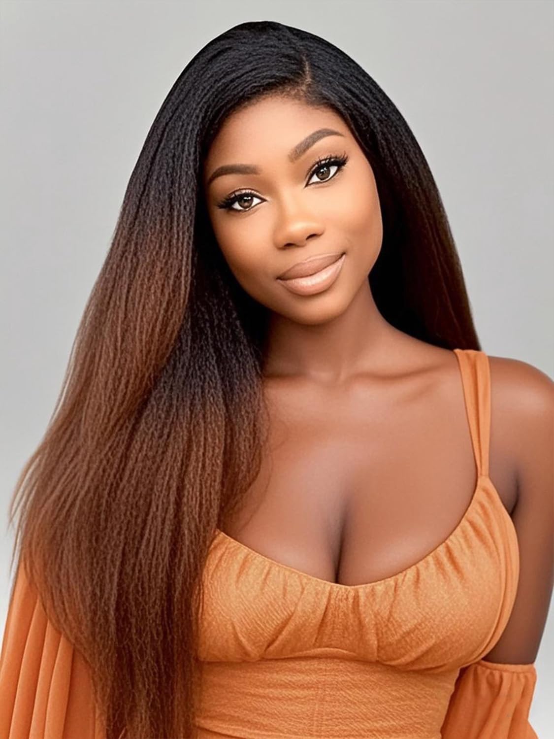 Ombre Brown Kinky Straight Wigs Human Hair 1B/30 Color HD Invisible Lace Front Wig with Baby Hair Bleached Knots Chestnut Brown Yaki Straight Human Hair Wigs for Black Women Glueless Wig 16 Inch