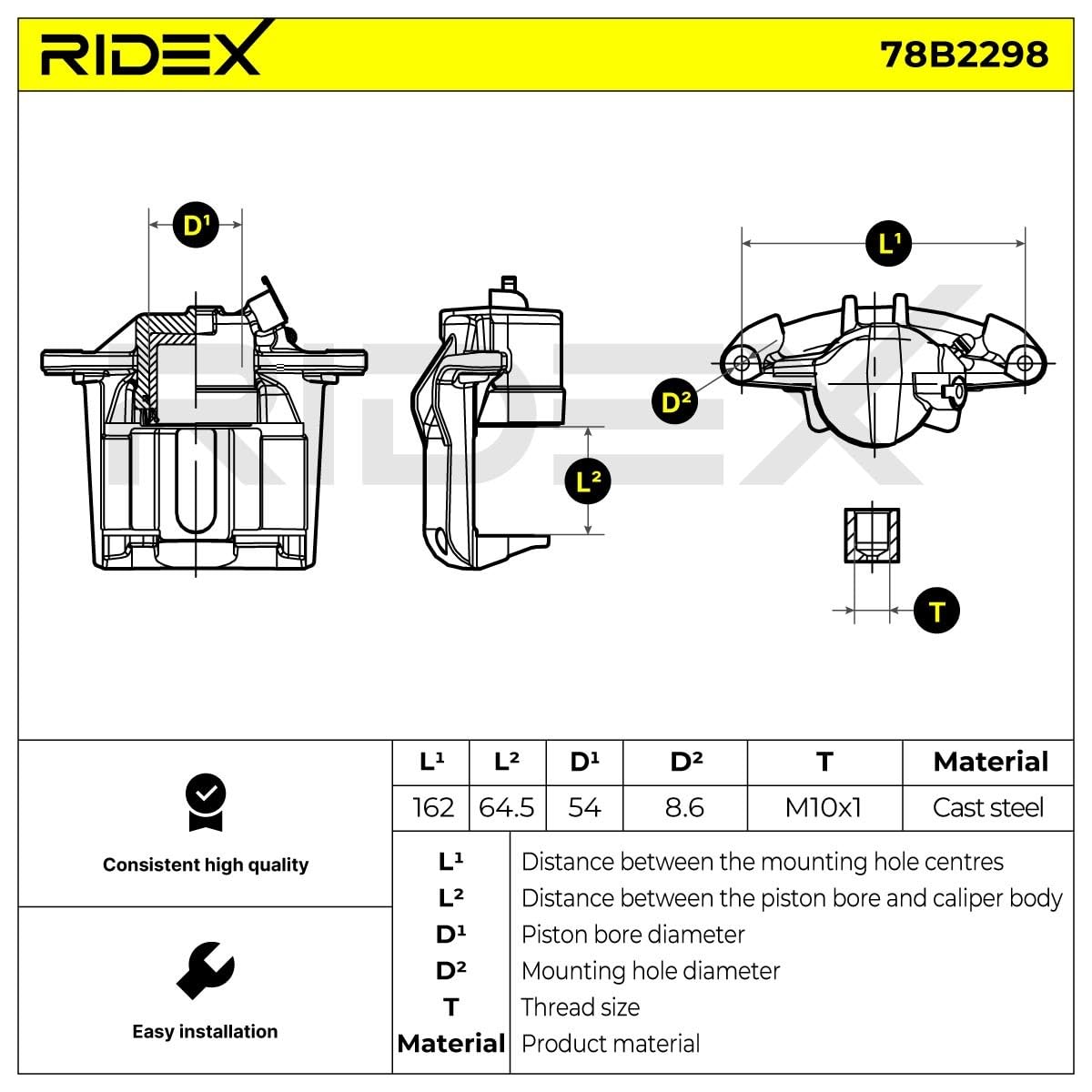 Zacisk Hamulcowy Przedni Prawy RIDEX 78B2298 Kompatybilny z RENAULT GRAND Scénic 2 JM0/1 Megane 2 nadwozie pełne/kombi KM Megane 2 BM0/1, CM0/1 Scénic 2 JM0/1 Megane 2 Coupé-Cabriolet EM0/1