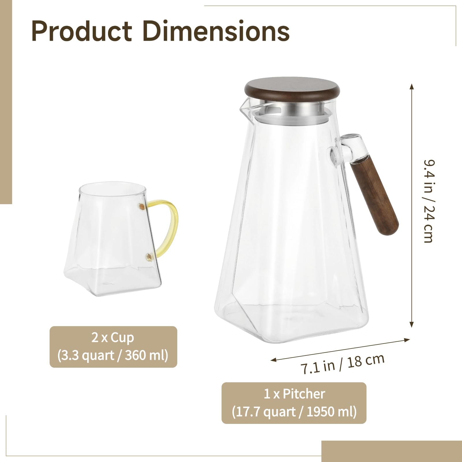 Glaskrug mit Holzdeckel, 1,8 l Borosilikatkrug Set mit 2 Bechern, hitzebeständig, kristallklar, eckiges Diamantdesign, 9,4 x 7,1 x 7,1 in, für kalte oder heiße Getränke, für den Haushalt
