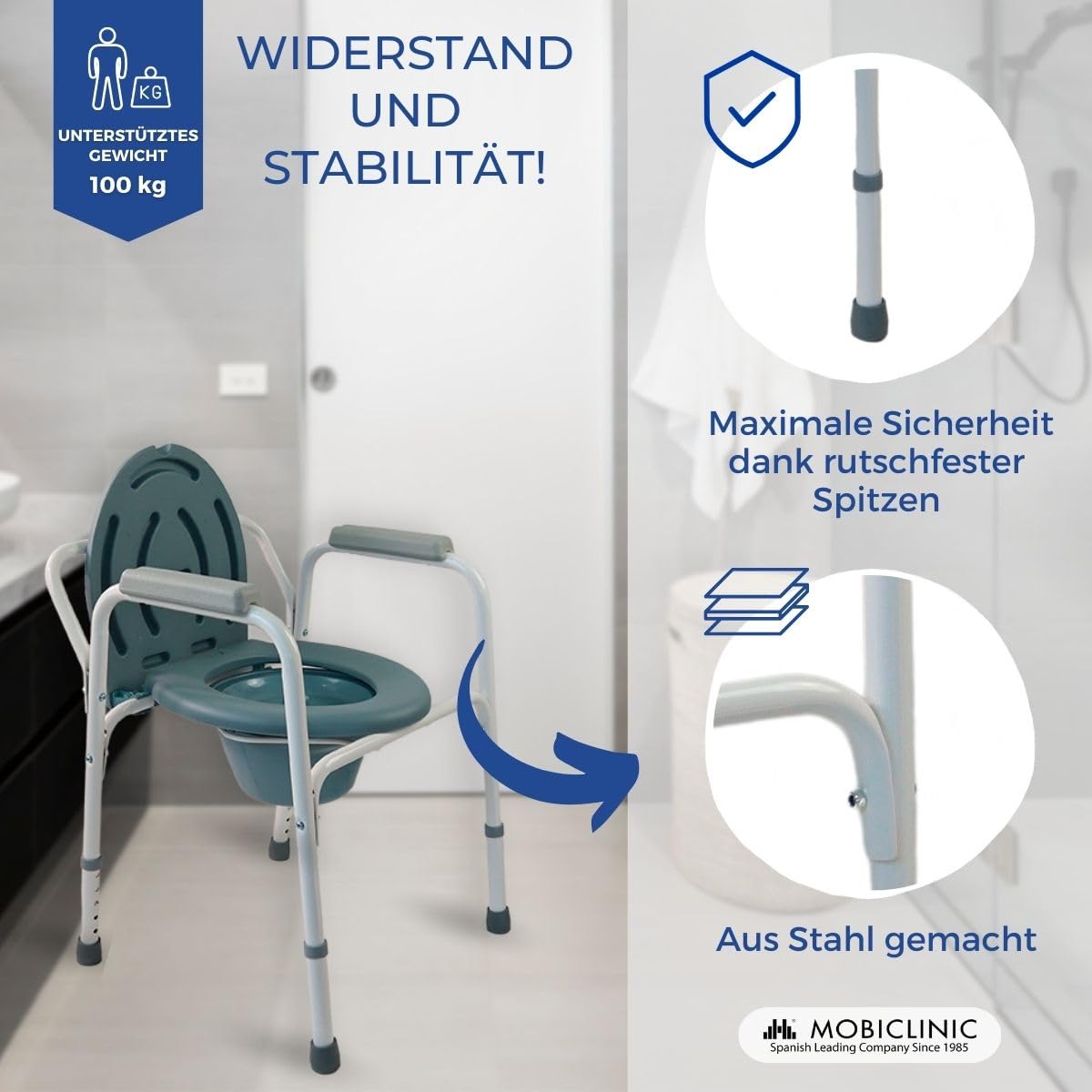 Mobiclinic®, Toilettenstuhl, Mit Deckel, Herausnehmbarer Eimer, Verstellbar in 5 höhen, Modell Arroyo, rutschfeste fußkappen, Armlehnen, Trägt bis zu 100 kg, Stuhl Toilette, Stahl
