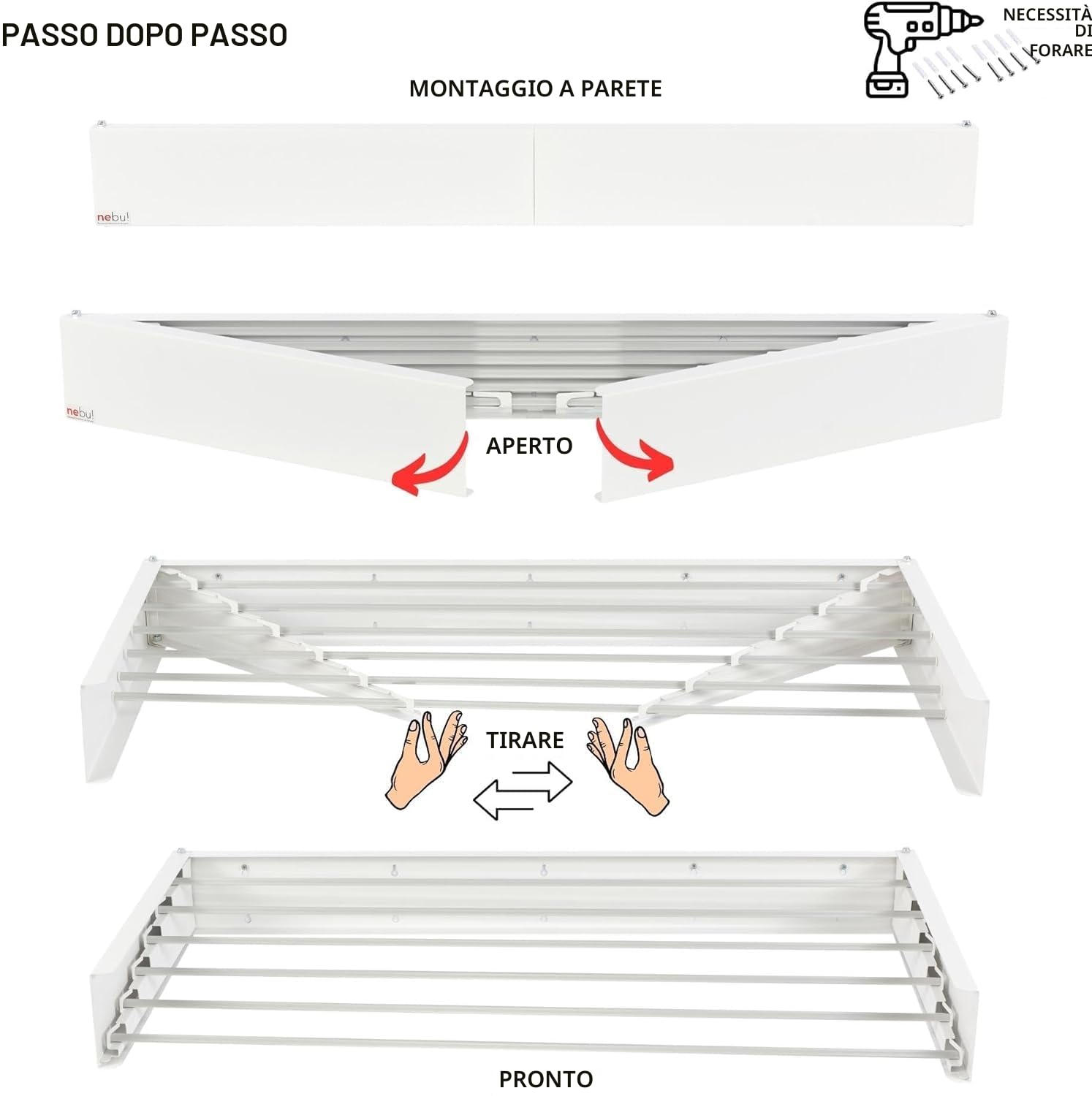 Stendibiancheria da parete retrattile e pieghevole - Spazio efficiente e versatile, carico 30 kg - Design moderno, Bianco 80 Cm (Bianco, 100 cm)
