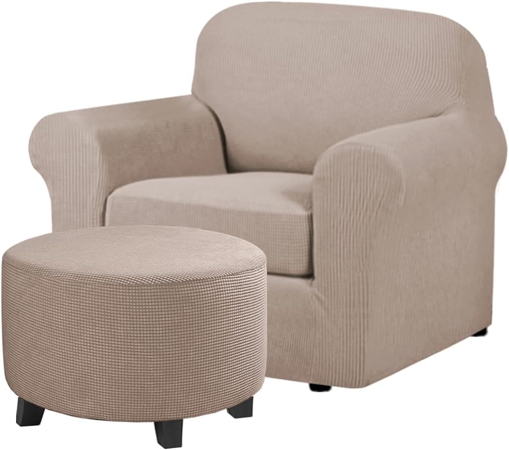 H.VERSAILTEX 2 Piece Sofa Cover for Armchair 32"-48" Bundle Round Ottoman Covers Ottoman Slipcovers(Medium, Sand)