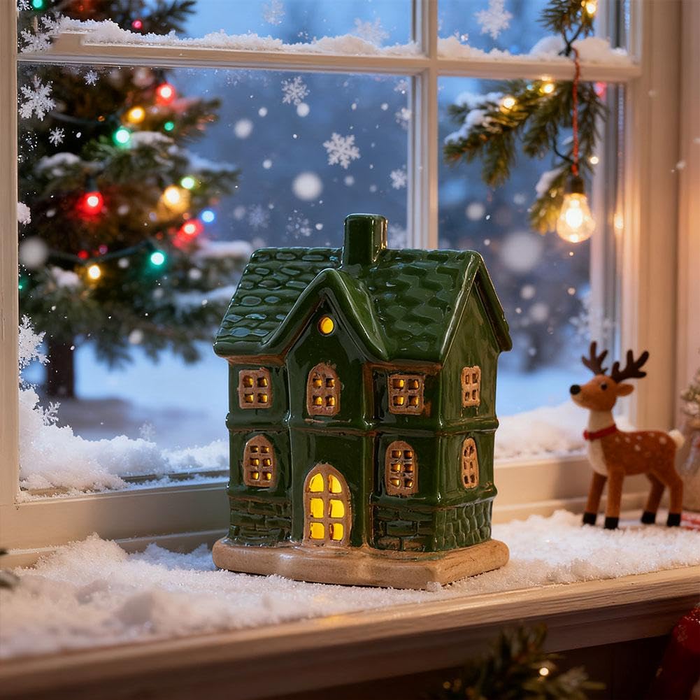 Maisons de village de Noël en céramique, petites figurines de village de Noël lumineuses, scène de neige, décoration de table pour bureau, cheminée de Noël, décoration de fête de Noël