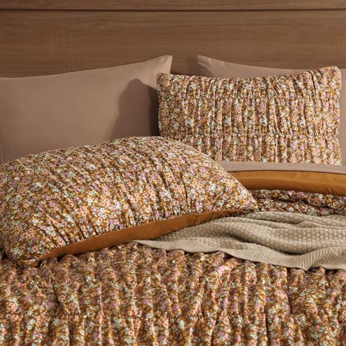Full Size Comforter Sets-7 Pieces Puff Brown Floral Bedding Set for All Seasons, Shabby Chic Farmhouse Bed in a Bag Full with Floral Comforter, Sheets, Pillowcases & Shams