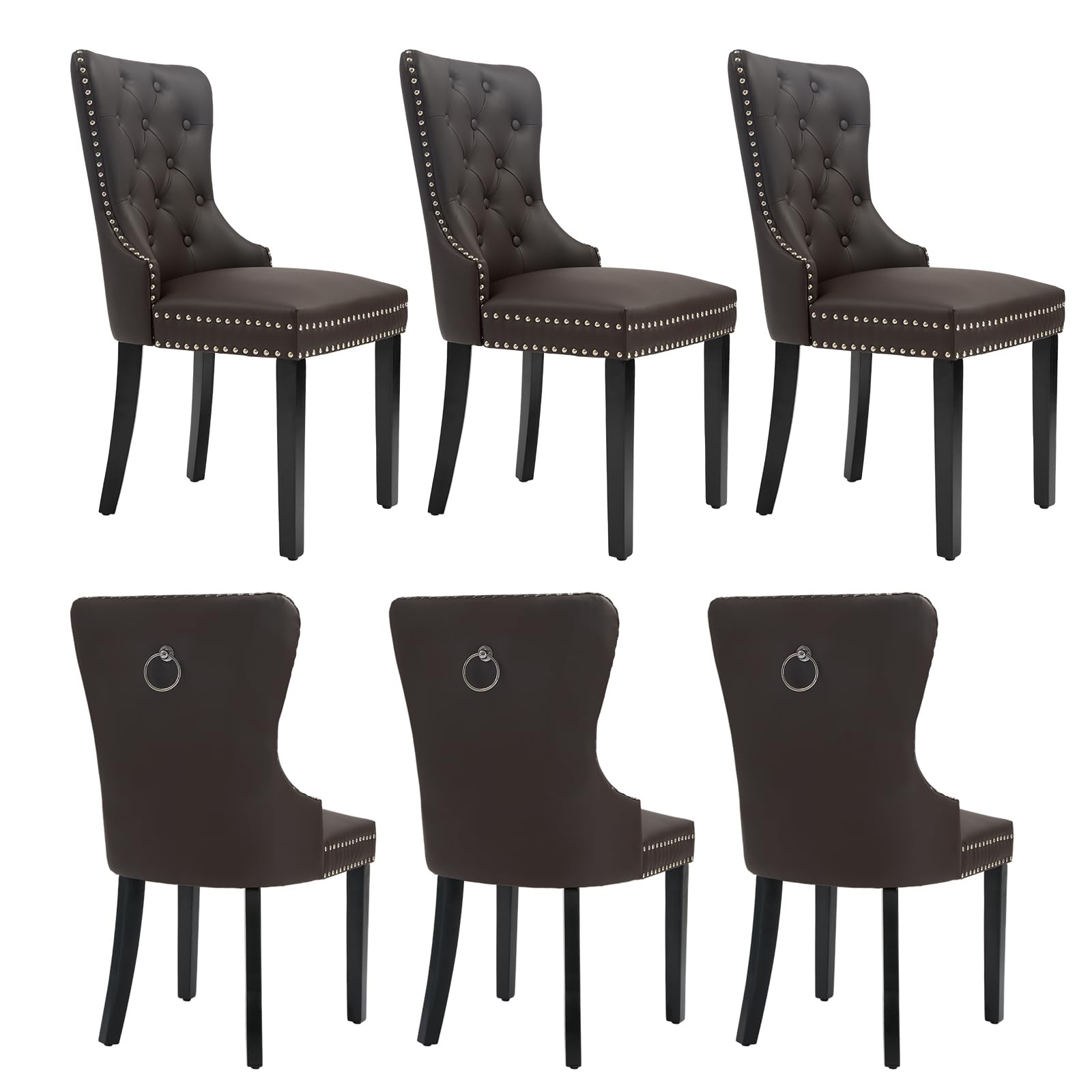 adochr PU Leather Dining Chairs Set of 6, Tufted Upholstered Dining Room Chair with Pull Ring and Solid Wood Legs, Brown