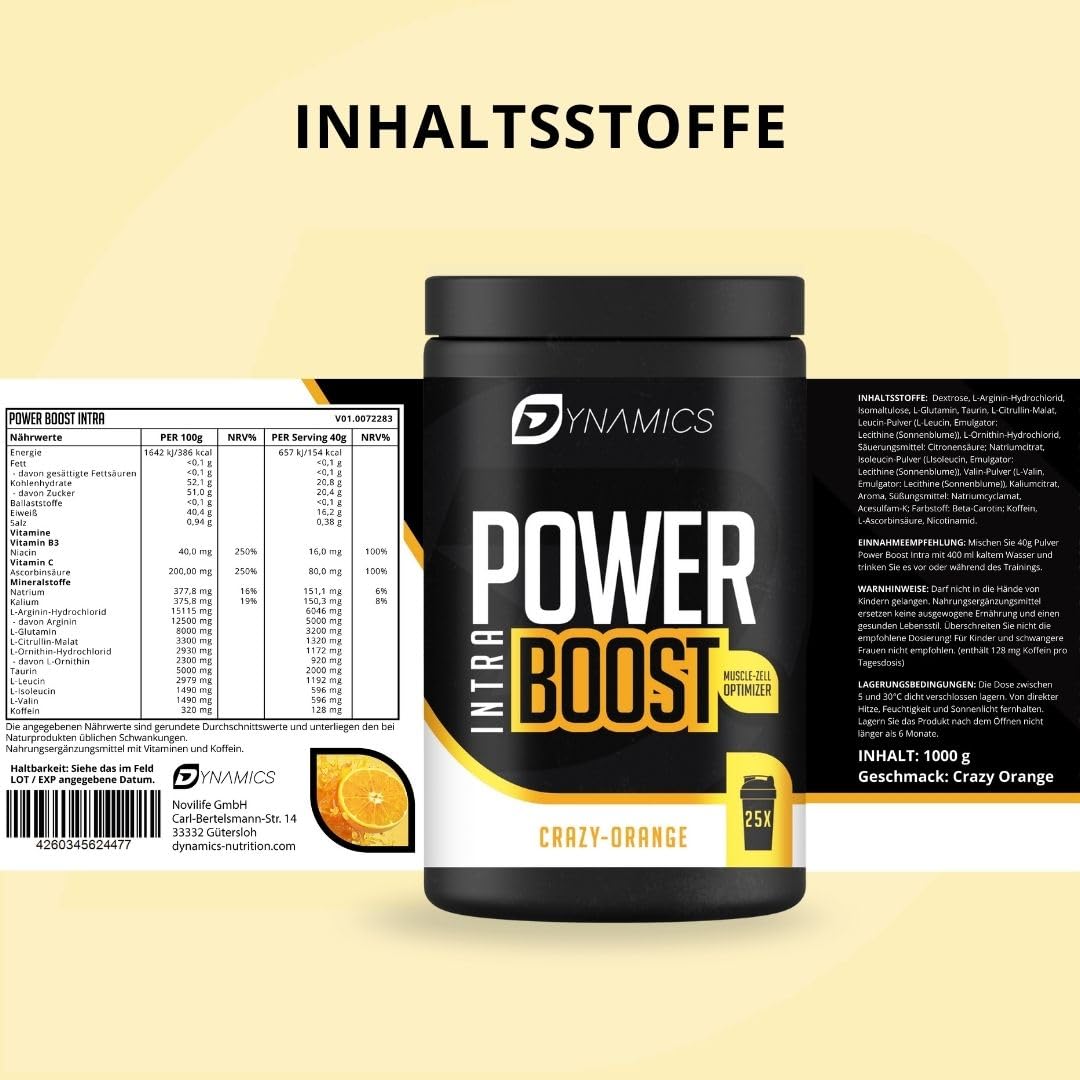 Premium Intra Workout Drink mit EAAs | Kohlenhydraten | Mehr Energie Power beim Training | Aminosäuren Komplex mit L-Glutamin | Muskelzellvolumen erhöhen | Crazy Orange von Dynamics Nutrition | 1000g