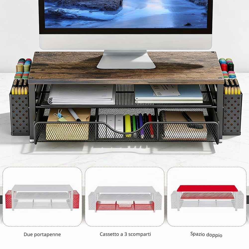 Supporto per monitor con cassetto, organizer da scrivania per schermo e laptop, ergonomico rialzo per monitor come accessorio per scrivania e gadget (nero)