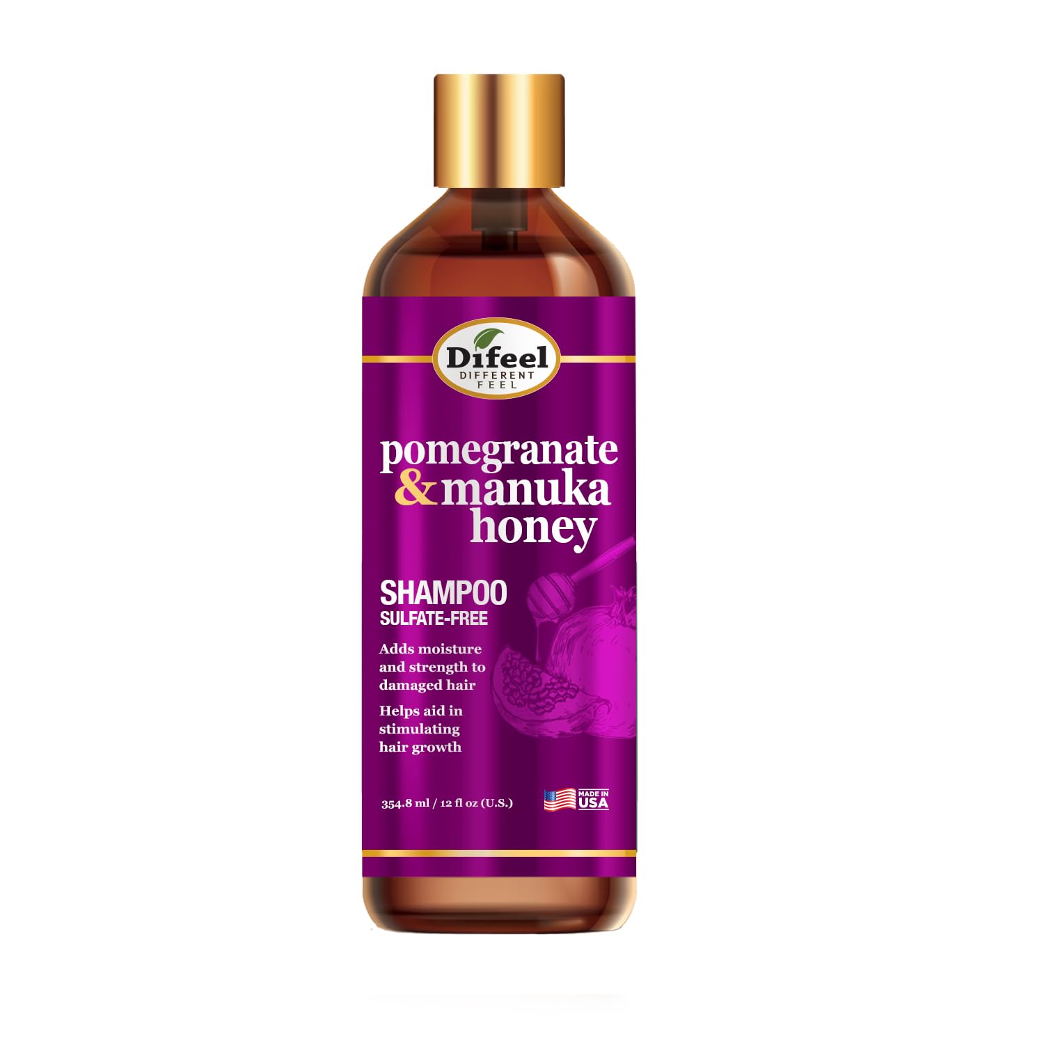 Difeel Pomegranate & Manuka Honey Sulfate-Free Shampoo 12 oz. - Strengthens & Moisturizes Damaged Hair, Boosts Curl Defintion and Shine