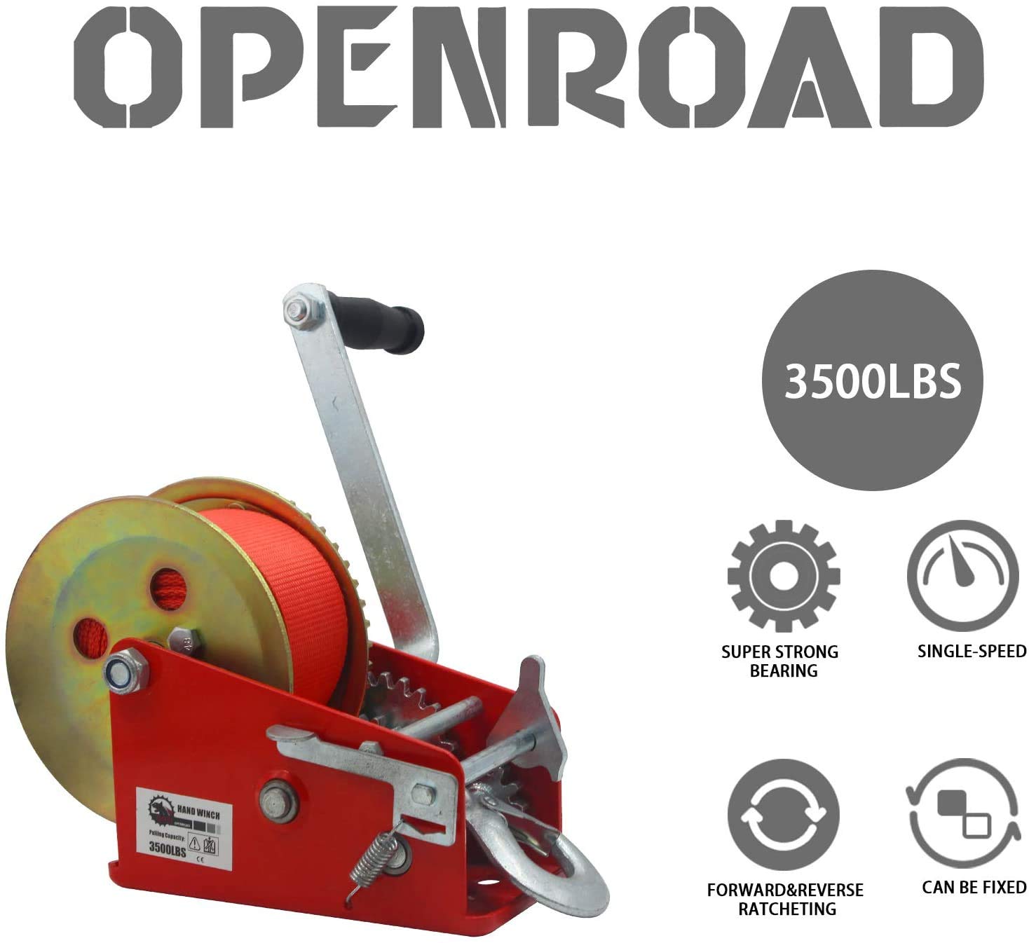 OPENROAD 3500lbs Hand Winch Boat Trailer Winch, Manual Winch with 10m