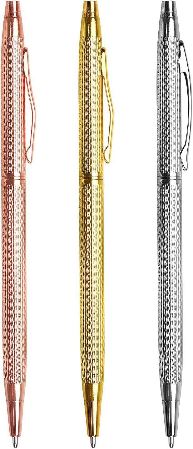 SCHMIDT Pack Of 3 Slim Metallic Ballpoint Pens Black Ink,stick writing ballpen (Gold/Rose Gold/Silver)