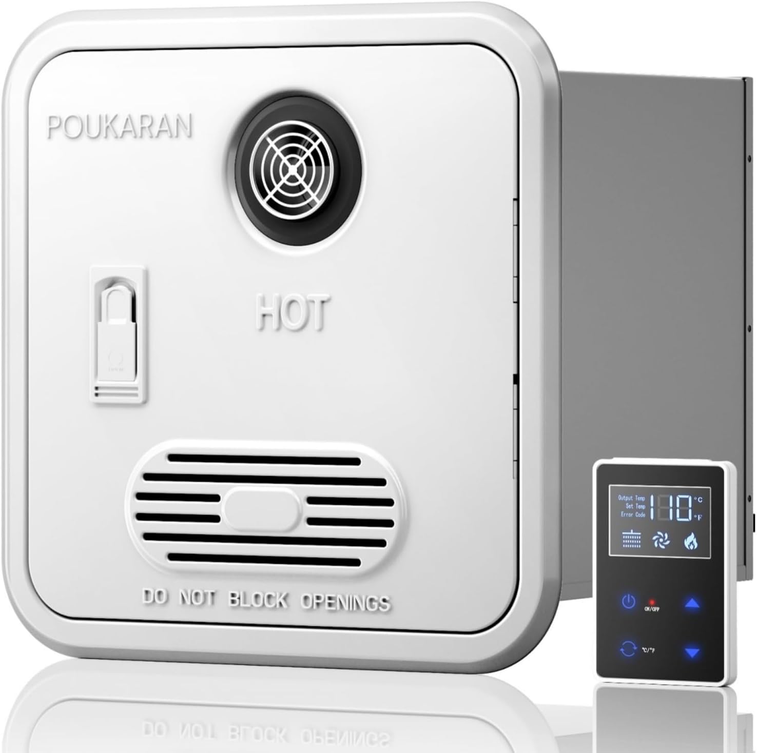 Poukaran 65,000 BTU RV Tankless Water Heater, High Altitude Available, DC 12V, On Demand Instant Hot Water Heater, with 15x15 inches White Door and Front Water Outlet, Compatible with all RVs