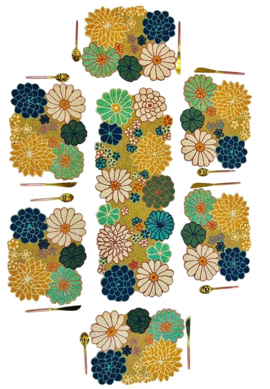 Image of E-EZRA Beaded Table Runner with 6 Mats (Size-13x36-Inch, Rectangular) | Stylish Dining Table Runners| Perfect for Home Decoration, Weddings, Diwali Gift & Special Events