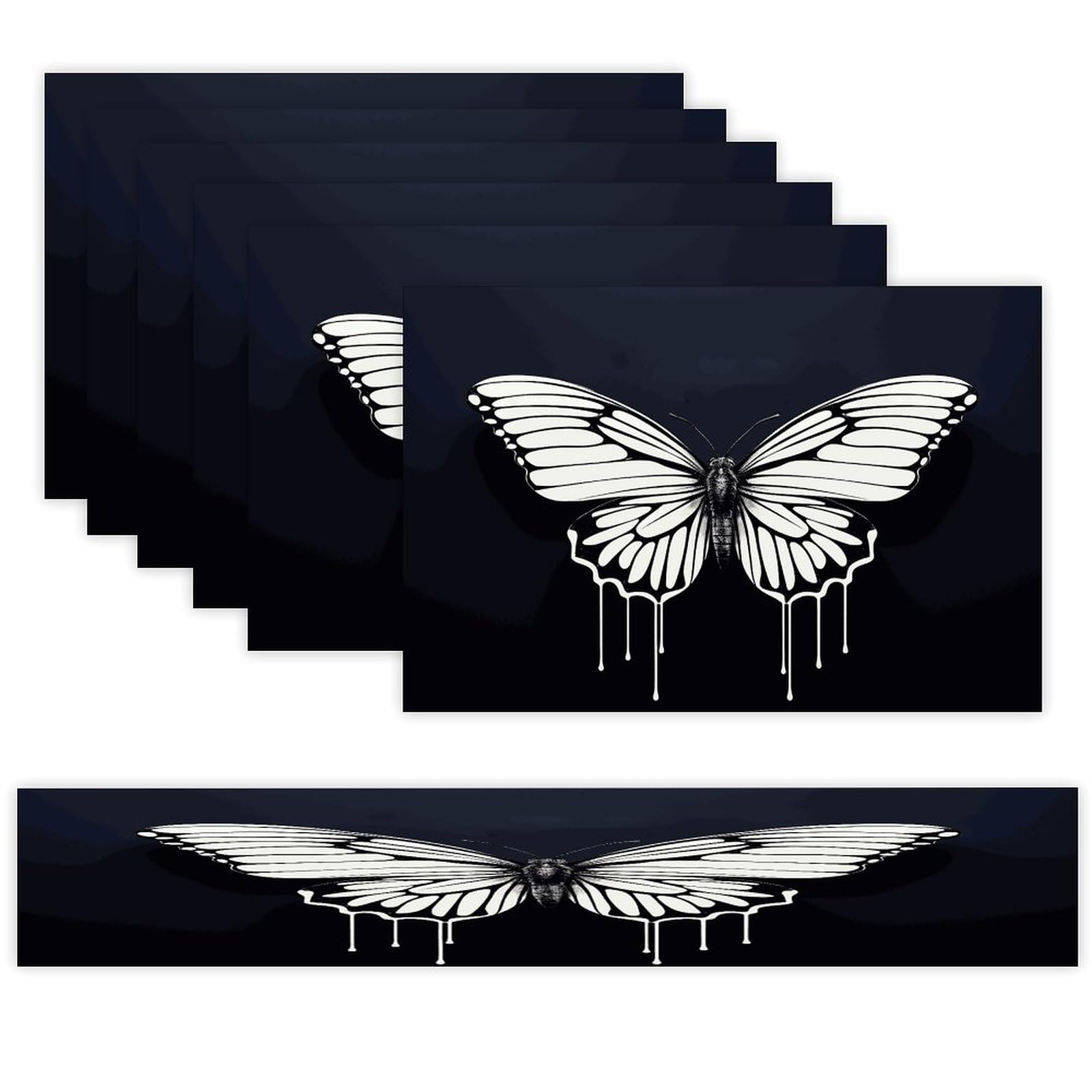 A Black and White Butterfly Table Runner and Placemats Set of 6 Wipe Clean Heat Resistant Table Mat with Table Runner Decorations Flax Linen Place Mat Set for Home Kitchen Party Supplies