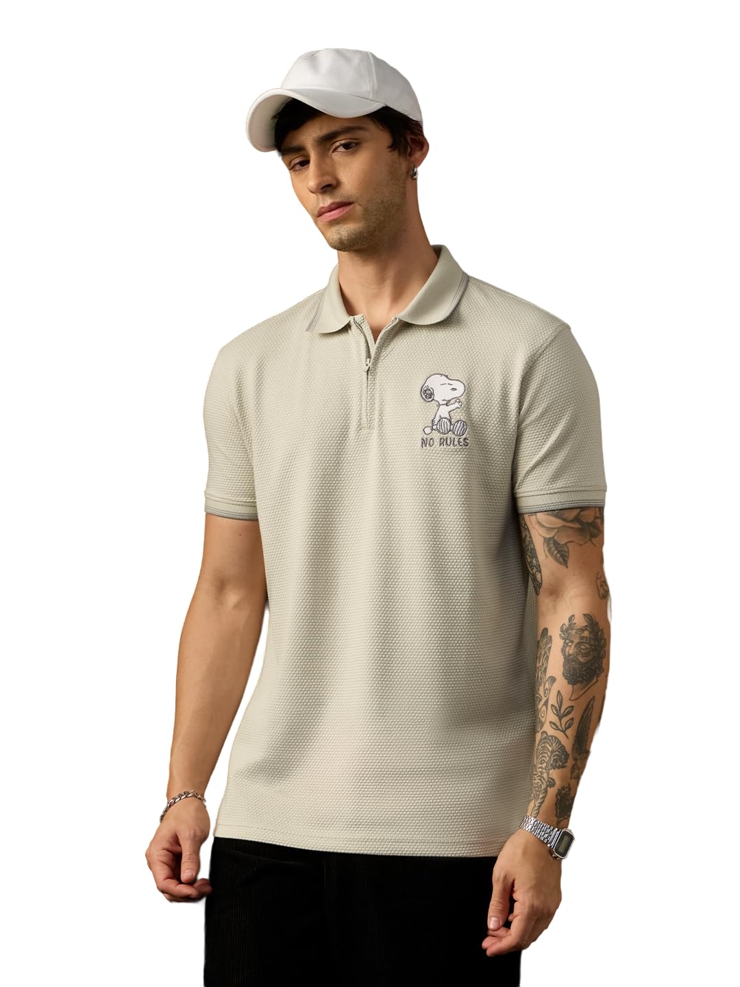 Peanuts: No Rules Men and Boys Short Sleeve Spread Collar Sage Green Embroidered Cotton Blend Regular Fit Zip Placket Lightweight Everyday Comfortable All-Season Polos-image-22