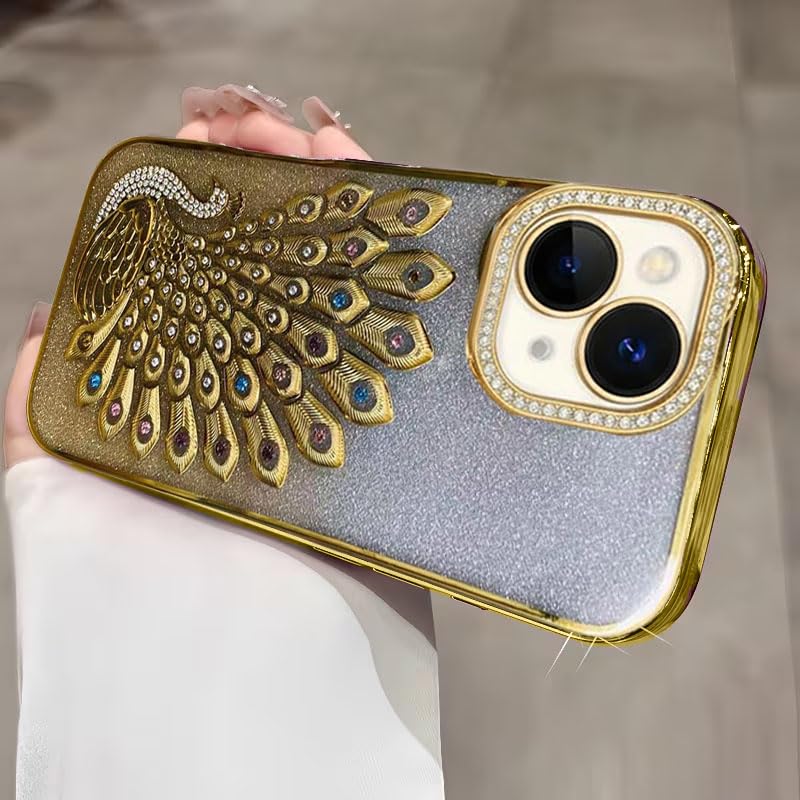 Image of mobistyle Designed for iPhone 15 Plus,3D Diamond Luxury Electroplate Glitter Peacock Tail Bling Design Camera Protection Shockproof Phone Back Cover Case for (Gold, iPhone 15 Plus)