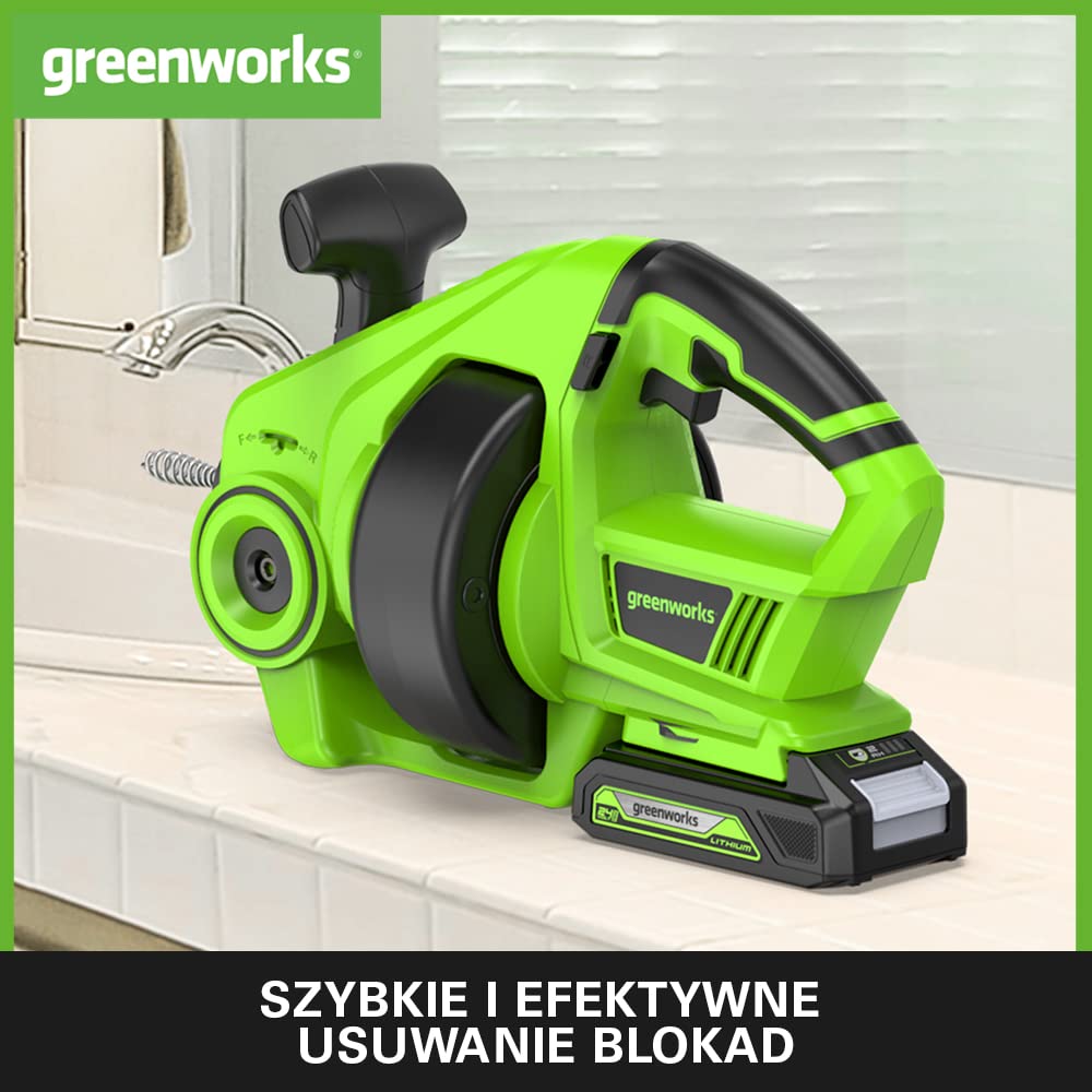 Greenworks G24DA Akumulatorowy Przepychacz do Rur 550 obr./min, Prześwit na Rurę 2,5-5 cm, Ślimak ze Stali Nierdzewnej 7,5 m BEZ Baterii 24V i Ładowarki