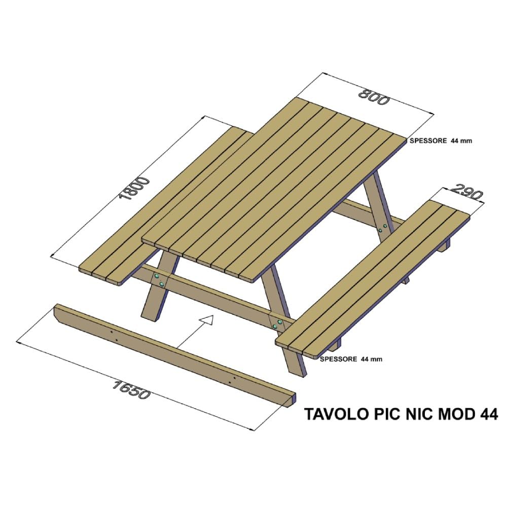 SUNWOOD Table pique-nique en bois professionnel, épaisseur 44 mm, 180 x 165 cm, pin de Suède imprégné de classe IV, mobilier urbain et jardin, robustesse maximale, 100 % fabriqué en Italie