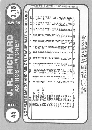 Miniatura 2 de 1981 Fleer Star Stickers #44 J.R. Richard NM-MT Houston Astros Baseball